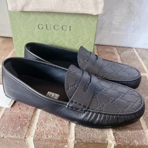 Gucci Signature Driver Supreme GG Black Debossed Leather Loafer Mens UK 7 US 7.5